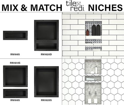Tile Redi USA Niche Single Recessed Shower Shelf – Black, One Inner Shelf, 16-Inch Width x 6-Inch Height x 4-Inch Depth (RN166S-BI)