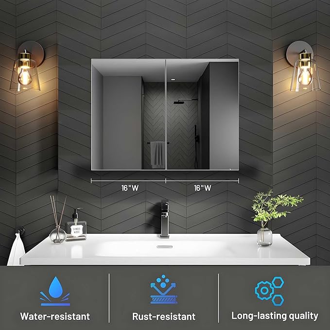 32 x 24 Medicine Cabinet Mirror for Bathroom,Assembly Required,Aluminum Alloy Frame,Surface-Mount Only,Mirrored Side Panel,Adjustable Shelves,Bathroom Medicine Cabinet with Mirror