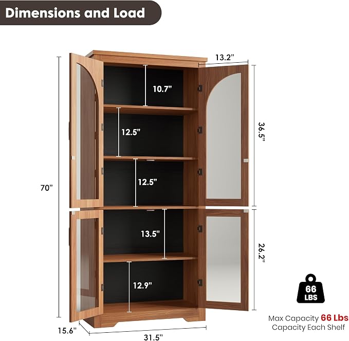 Garvee 70" Tall Kitchen Pantry Cabinet - Modern Display Cabinet with 4 Arched Glass Doors and Adjustable Shelves, Versatile Cupboard Organizers for Kitchen, Dining Room, Living Room, Bathroom, Walnut