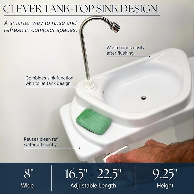 Sinkology SinkPositive GreenFlow Toilet Tank Sink, Water Saving Retrofit | Turns toilet tank lid into a handwashing sink, no plumbing needed, reuses rinse water, small bath saver