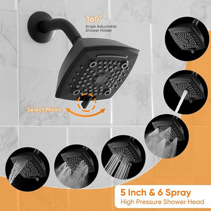Tub Shower Faucet Set Valve Included with 6-Inch Rain Shower Head and Tub Spout Single-Handle Tub and Shower Trim Kit Matte Black