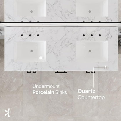 Graham 60 in. Blackwood Double Sink Bath Vanity with Arabescato Engineered Stone Top and Undermount Porcelain Sinks
