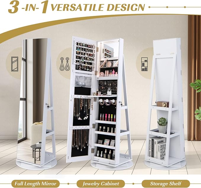 MAT EXPERT 360° Rotating Jewelry Armoire, Lockable Freestanding Jewelry Organizer w/Full-length Mirror, 3-Color LED Lights, Rear Storage Shelves, Mirror Jewelry Cabinet for Bedroom (White)