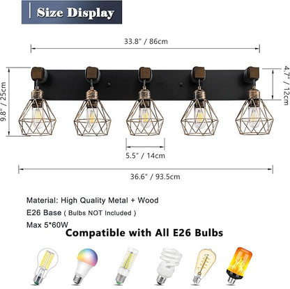 maesta Bathroom Vanity Light, 5 Light Farmhouse Fixture Over Mirror | Farmhouse Bathroom Light Fixtures, Wood & Metal, Black Gold, Anti-Rust Easy to Install for Rustic Bathroom Hallway