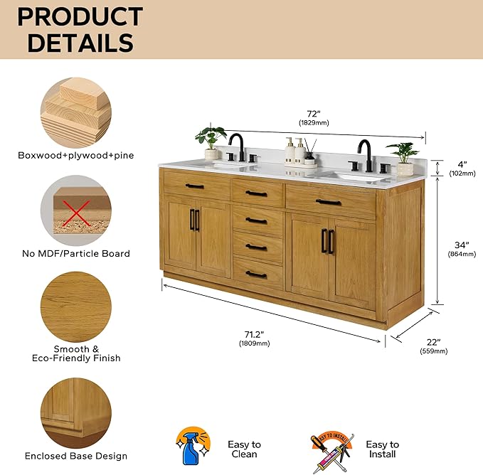 72-inch Natural Oak Bathroom Vanity with 2 Sinks, Solid Wood, 0.79-inch Stone Countertop and Backsplash, 6 Drawers, 4 Soft Closing Doors