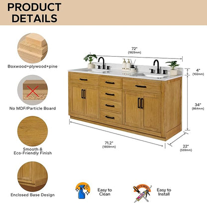 72-inch Natural Oak Bathroom Vanity with 2 Sinks, Solid Wood, 0.79-inch Stone Countertop and Backsplash, 6 Drawers, 4 Soft Closing Doors