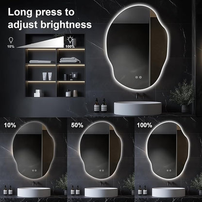 Asymmetrical LED Bathroom Mirror with Lights,Irregular Led Bathroom Vanity Mirror for Wall with Backlit, Anti Fog, 3 Colors and Dimmable Light,[Horizontal/Vertical] 40" H x 30" W