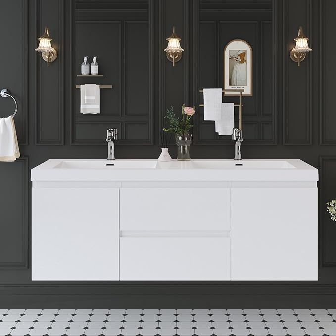 60 Inch Floating Bathroom Vanity with Double Sink, Large Storage Wall Mounted Floating Vanity with Soft Close Drawers, One-Piece Basin Bathroom Sink Cabinet (Glossy White, 60" Double Sink)