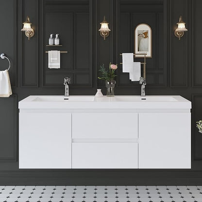 60 Inch Floating Bathroom Vanity with Double Sink, Large Storage Wall Mounted Floating Vanity with Soft Close Drawers, One-Piece Basin Bathroom Sink Cabinet (Glossy White, 60" Double Sink)