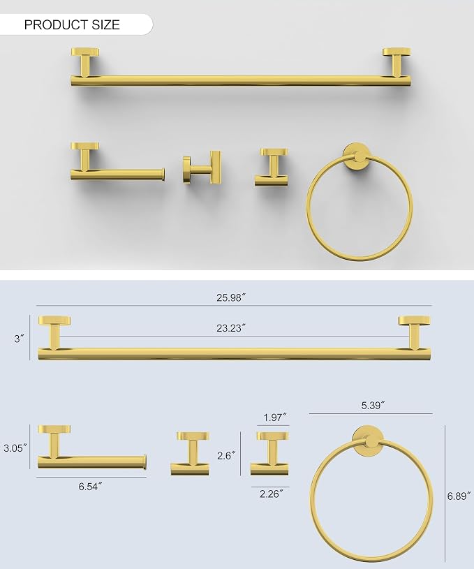 5 Pcs Brushed Gold Bathroom Accessories Hardware Set SUS304 Stainless Steel | 26 Inch Towel Rack and Toilet Paper Holder Set Bath Towel Bar Set Wall Mounted for Bathroom Kitchen by HOMEMYSTIQUE