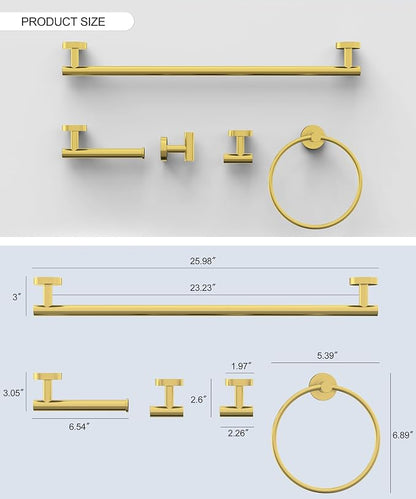 5 Pcs Brushed Gold Bathroom Accessories Hardware Set SUS304 Stainless Steel | 26 Inch Towel Rack and Toilet Paper Holder Set Bath Towel Bar Set Wall Mounted for Bathroom Kitchen by HOMEMYSTIQUE