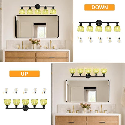Bathroom Light Fixtures, 5-Light Brushed Black Vanity Lights for Bathroom with Green Tulip Glass Shade, 30" Vintage Bathroom Vanity Lighting Fixtures Over Mirror for Bedroom Living Room Hallway