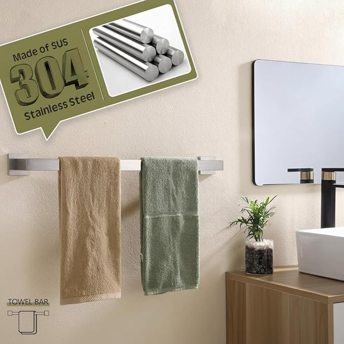Brushed Nickel Bathroom Hardware Set, 5-Piece Premium SUS304 Stainless Steel Bath Accessories, 23.6 Inch Towel Bar Rack, Heavy Duty Square Fixtures for Modern Home