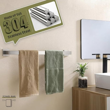 Brushed Nickel Bathroom Hardware Set, 5-Piece Premium SUS304 Stainless Steel Bath Accessories, 23.6 Inch Towel Bar Rack, Heavy Duty Square Fixtures for Modern Home