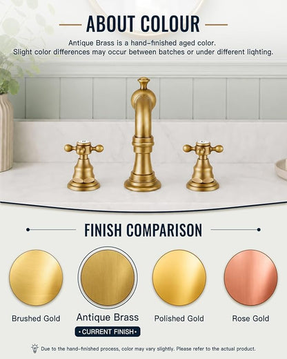 gotonovo Bathroom Faucet 3 Hole Vintage, Antique Brass, H C Label | Widespread Bathroom Sink Faucet 8 Inch 2 Cross Handles,Pop Up Drain,cUPC Supply Line,4-15.7” Install,for Vanity Farmhouse RV