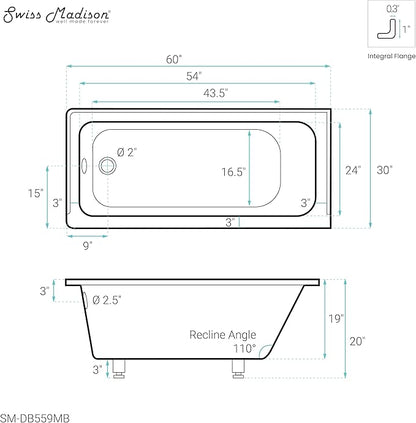 Swiss Madison Voltaire 60" x 30" Left-Hand Drain Alcove Bathtub in Matte Black