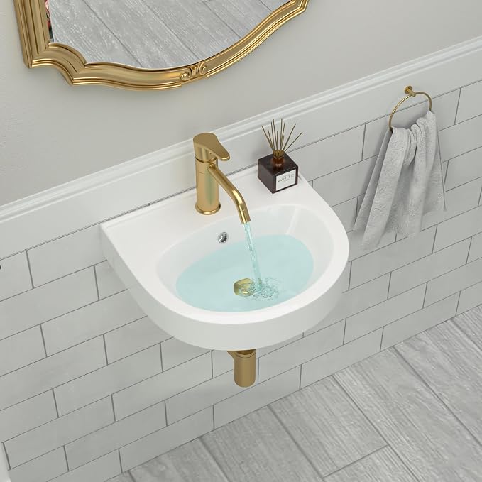 Wall Mount Bathroom Vessel Sink Space Saving | Beslend 16"x14" Inch White Ceramic Vessel Sink, Semi-Circular Bowl White Art Basin with Overflow and Single Hole