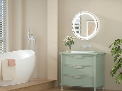 Keonjinn Round LED Medicine Cabinet 24 Inch, White Lighted Medicine Cabinet for Bathroom with Mirror, Circle, Electrical Outlet, 3 Color Lights, Anti-Fog, Dimmable, Surface Mount Only