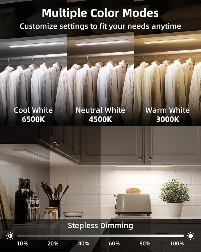 14.5-inch Under Cabinet Lights, Wireless Closet Light, Motion Sensor, 3500mAh Rechargeable Battery, Magnetic, 3 Color Temps, 5 Levels Dimmable, Under Counter Lights for Kitchen (2 Pack)