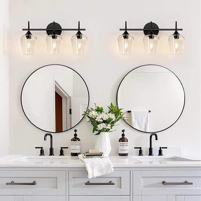 3-Light Bathroom Light Fixtures, Black Vanity Lights for Bathroom with Clear Glass, 19.5 Inch Bathroom Lighting Fixtures Over Mirror, Modern Wall lamp for Cabinet Hallway
