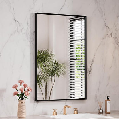 LOAAO Black Bathroom Mirror 24"X32" | Tempered Glass, Hangs Vertically or Horizontally, Easy to Install, Wall Mounted, Modern Design