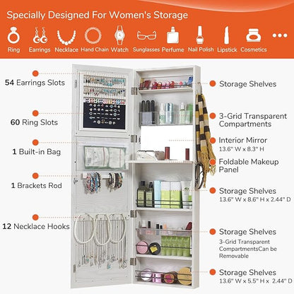 GISSAR Jewelry Mirror Armoire Wall Mount Over The Door Mirror Jewelry Cabinet Storage Mirror Organizer Lockable Full Length Door Mirror(White Oak)