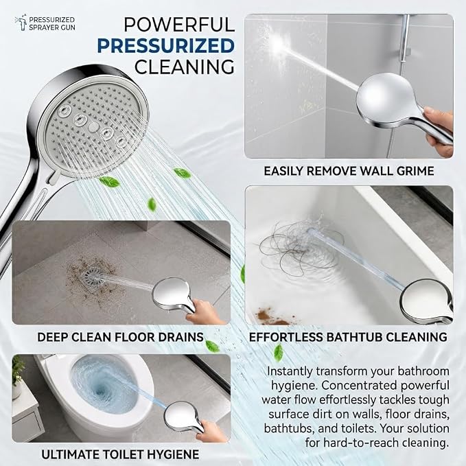 Handheld Shower Head with Hose, 6 Spray Settings, High Pressure, Chrome Finish, Rain, Pulse, Boost, Spray, Mix, Cleaning Modes (Chrome)
