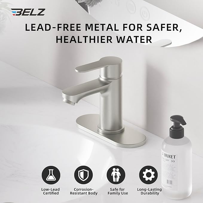 BELZ Bathroom Faucet, Single Handle Matte Black Sink Faucet for 1 or 3 Hole Installation, Modern Lead-Free Metal Vanity Faucet with Pop-Up Drain & Supply Hoses Brushed Nickel