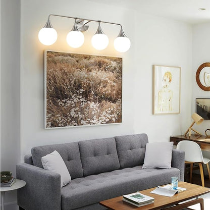 Bathroom Vanity Light Fixtures: 4 Lights Mid Century Modern Bathroom Lighting Fixtures Over Mirrors - Brushed Nickel Wall Sconce with Milky Glass Ball Shades for Bath Bedroom