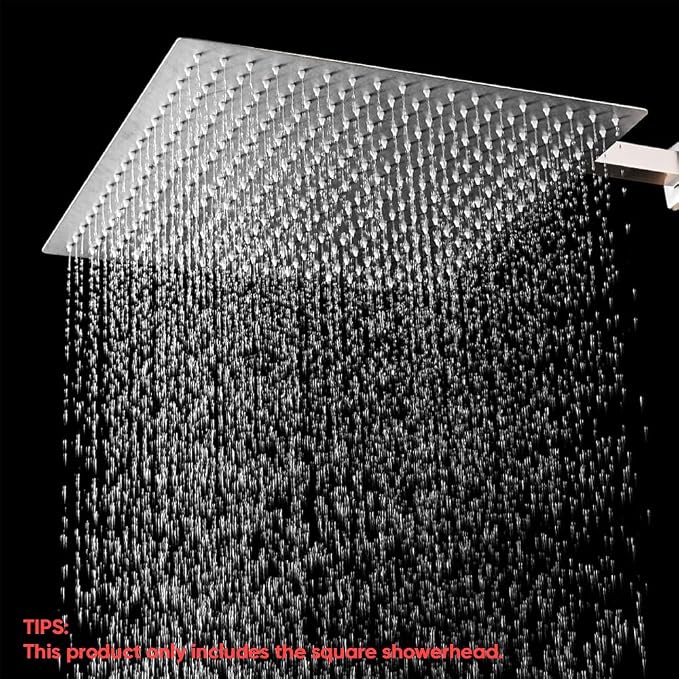 16" Rain Shower Head High Pressure Rainfall Shower Head Brushed Nickel | Square Rain Bathroom Showerhead, High Flow, Large Stainless Steel, Ceiling Mounted, Wall Mounted, Waterfall Full Body