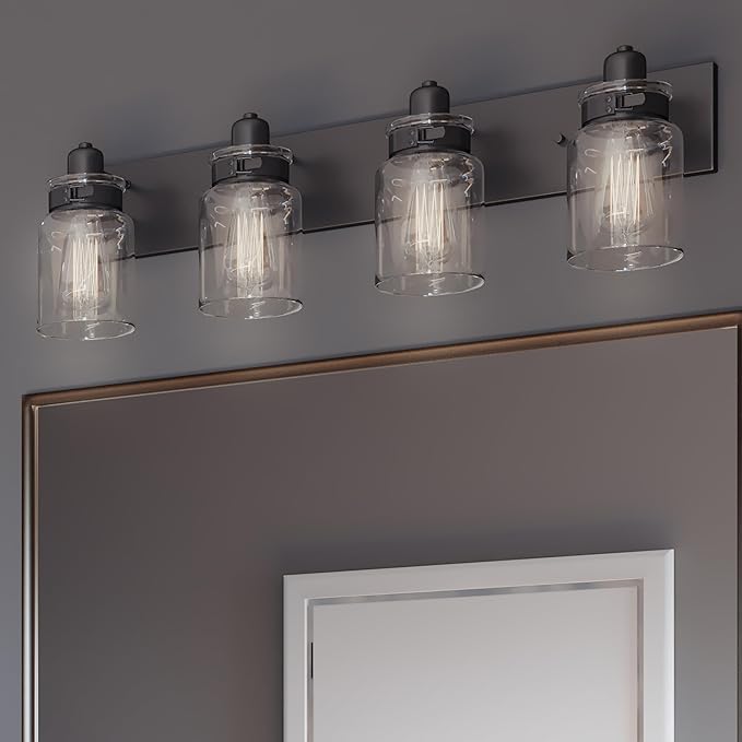 Progress Lighting P300048-020 Calhoun Collection Clear Glass Farmhouse Bath Vanity Light, 4-Light, Antique Bronze