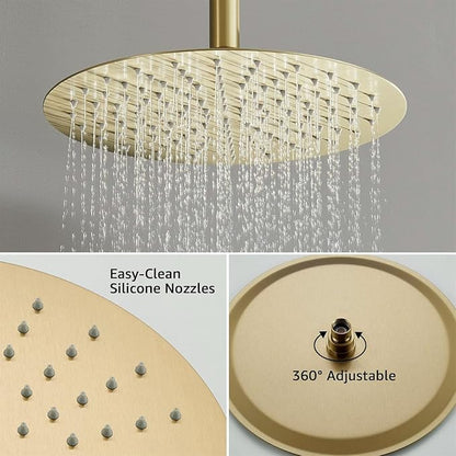 Iriber Brushed Gold Ceiling Mount Round Rain Shower System with 12 Inch Shower Head and Handheld Bathroom Golden Shower Set Contain Shower Faucet Mixer Trim Kit (Valve Included)