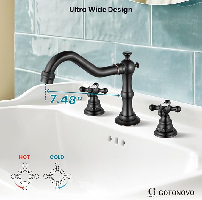 gotonovo Bathroom Faucet 3 Hole 8 Inch Widespread Bathroom Sink Faucet 2 Cross Handles Vintage Lavatory Vanity Mixer Tap with Pop Up Drain, Round Font Label, Oil-Rubbed Bronze