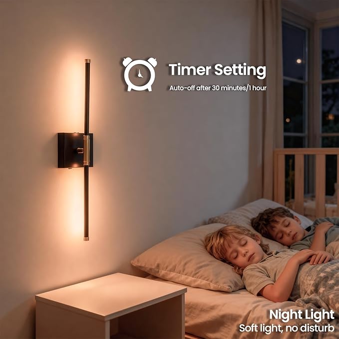 28 Inch Battery Operated Wall Sconces Set of 2, 10000mAh Rechargeable Wireless Wall Lights with Remote, 360° Magnetic Dimmable Black LED Sconce Decor for Bedroom, TV, Mirror, Living Room