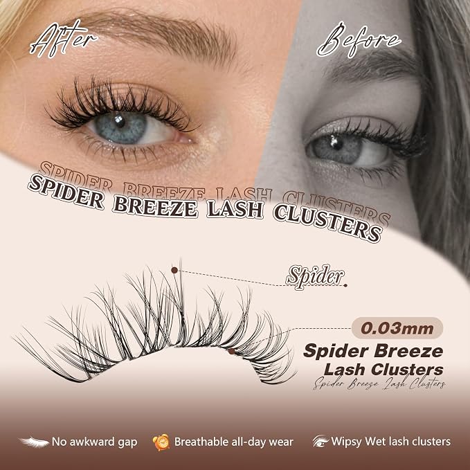 JMS&JMS Spider Lash Clusters Breeze Wispy Eyelash Clusters Natural Eyelash Extension Invisible Band D Curly 8-16mm Spider Lashes