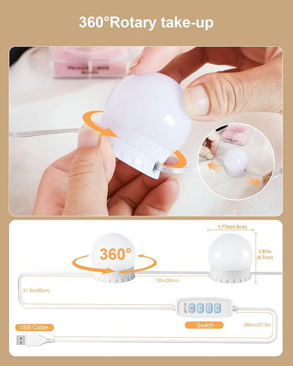 12 Bulbs LED Vanity Lights for Mirror, 3000K 4000K 6500K & 10-Brightness, Wire Length Adjustable, USB Cable, Hollywood Mirror Lights for Makeup Dressing Room Bathroom, White