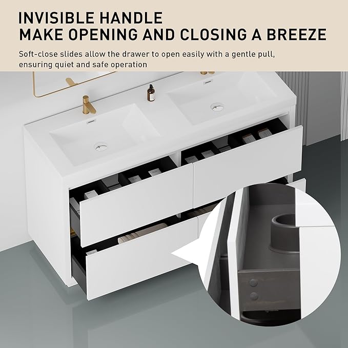 60 Inch Bathroom Vanity with Sink, Double Sink Bathroom Vanity, Freestanding Vanity Bathroom Soft Closed 4 Drawers, Integrated Sink (Glossy White)