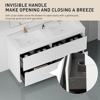60 Inch Bathroom Vanity with Sink, Double Sink Bathroom Vanity, Freestanding Vanity Bathroom Soft Closed 4 Drawers, Integrated Sink (Glossy White)