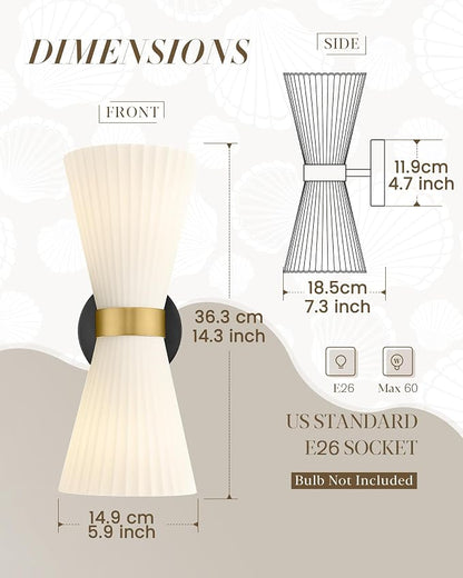 Indoor Wall Sconces, HWH Hardwired Black and Gold Bathroom Sconces Wall Lighting with Frosted Milk White Striped Glass, Modern Sconces Wall for Bathroom Hallway, 5HZG97B-2W BK+BG