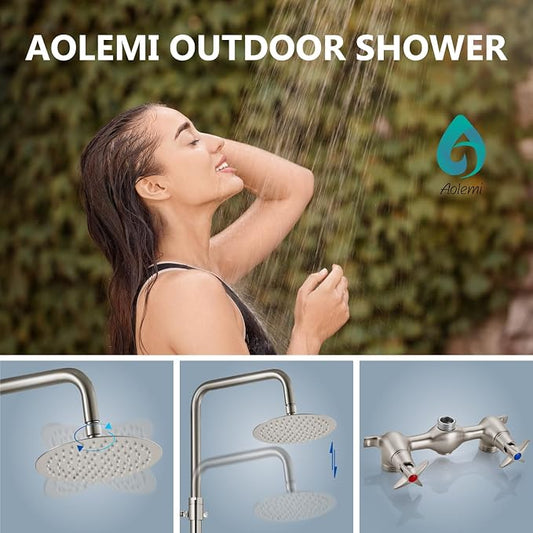 Aolemi Outdoor Shower Kit,8 Inch Rain Head,Hot and Cold,Brushed Nickel | 2-Handle Control Outdoor Shower Fixtures,Adjustable Height,6-Inch Center Valve,Winter Drainage,Exposed Shower