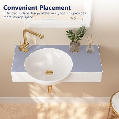 DeerValley 30x18 Inch Wall-Mounted Bathroom Sink, White Ceramic Floating Vessel Sink with Left-Side Faucet Hole and Overflow, Model DV-1WS0125L