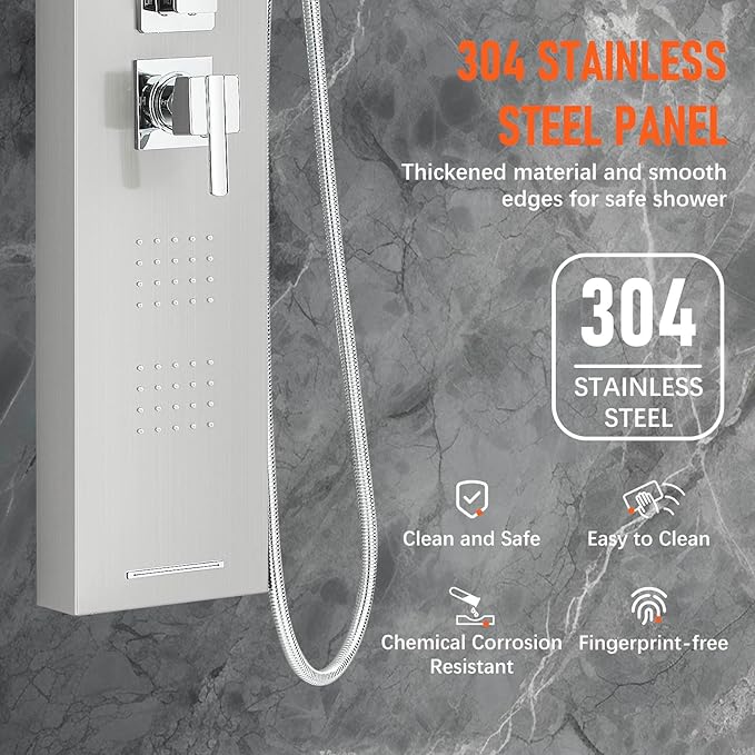 FUZ Shower Panel Tower System, Stainless Steel 5 IN 1 Shower Panel System with LED Fancy Rain Shower Head and Handheld, Adujstable Rainfall Massage Body Jets and Tub Spout, Brushed Nickel Shower Tower