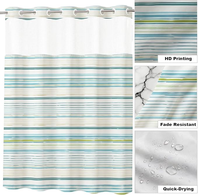 Luxury Abstract Modern No Hook Shower Curtain Aesthetic Striped Minimalist | Funky No Hook Shower Curtain with Snap in Liner, Waterproof Ringless Shower Curtains for Bathroom 72x74 Inch Blue White