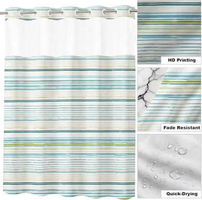 Luxury Abstract Modern No Hook Shower Curtain Aesthetic Striped Minimalist | Funky No Hook Shower Curtain with Snap in Liner, Waterproof Ringless Shower Curtains for Bathroom 72x74 Inch Blue White