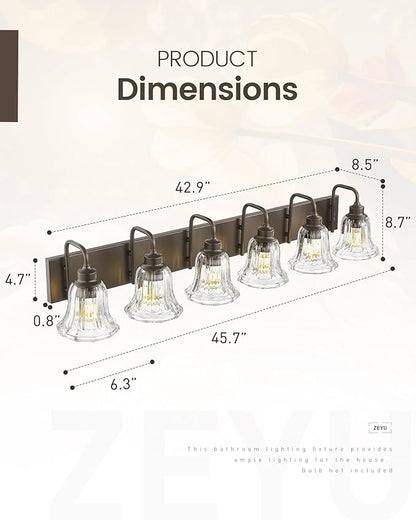 zeyu 6-Light Bathroom Wall Light, 46 Inch Bronze Vanity Lights, Modern Vanity Lamp in Oil Rubbed Bronze Finish with Clear Striped Glass, ZJX117B-6W ORB