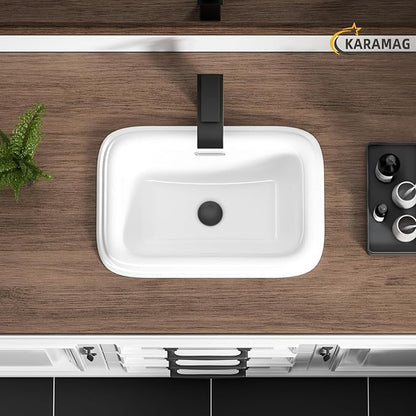 Bathroom Vessel Sink 18 Inch Drop In Bathroom Sink Rectangular Semi Recessed Bathroom Sinks with Overflow White Ceramic Modern Sinks Bowl Vanity Above Counter Basin (17.9"x12.4")