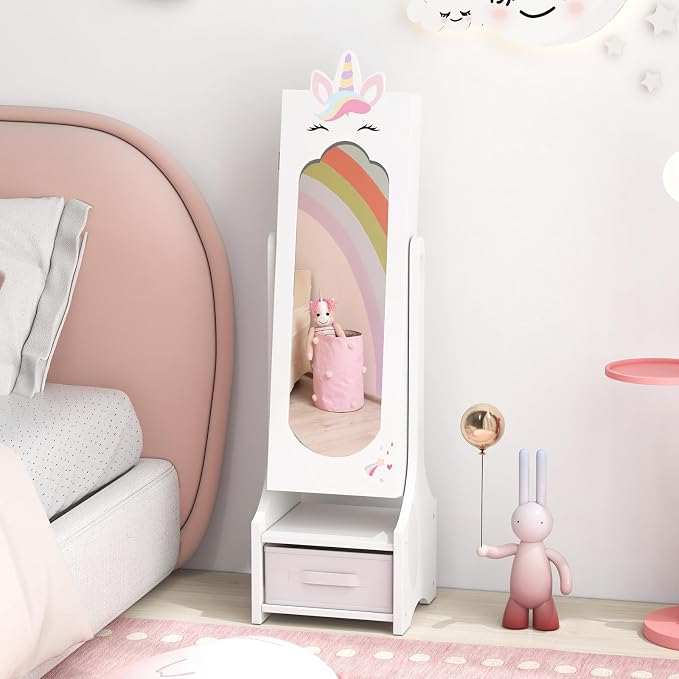 CHARMAID Kids Jewelry Cabinet - 45.5" Standing Armoire with Full Length Mirror, Kids Jewelry Organizer with Storage Drawers, Vanity Dressing Mirror for Girls (White)