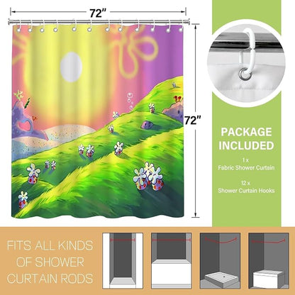 Anime Cartoon Green Hill Sunset Shower Curtain Set 72x72 Inches | Anime Cartoon Green Hill Sunset Landscape Print, Whimsical Home Guest Housewarming Cartoon Lover Bathroom Decor, With Hooks
