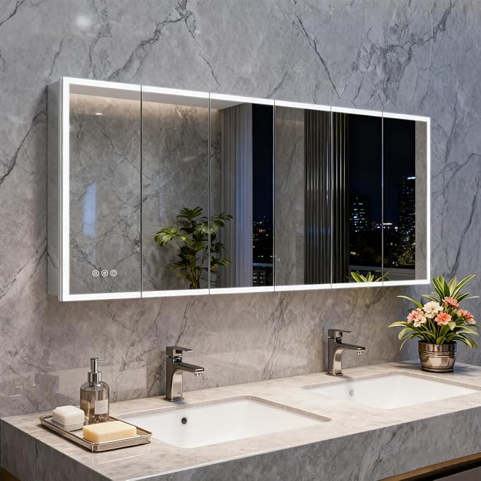 Medicine Cabinet with Lights, Bathroom LED Mirror Cabinet with Storage, Anti-Fog & 3 Color Lights, Recessed or Wall Mounted (96X40 in)