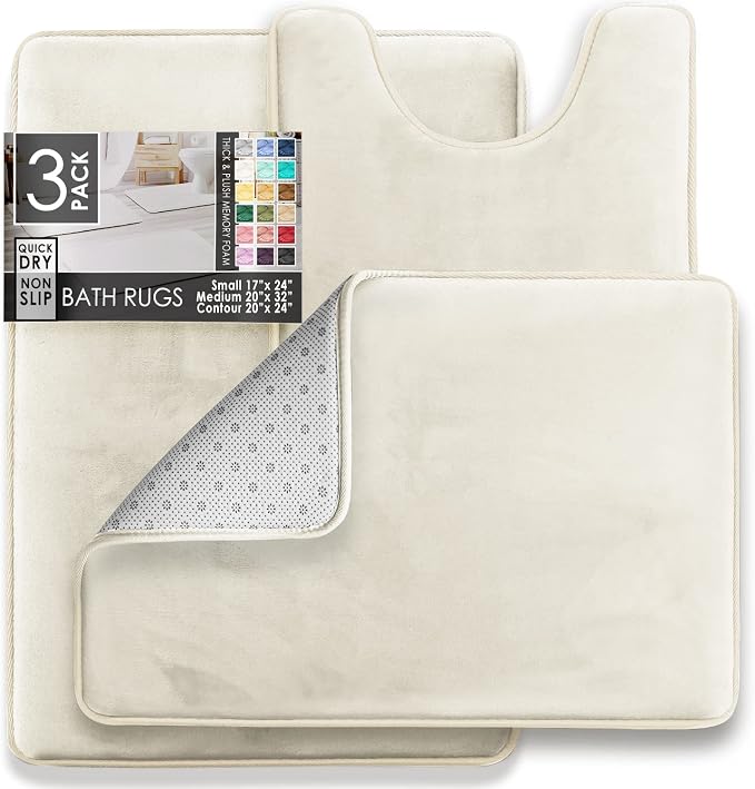 Clara Clark 3 Piece Bathroom Rugs Bath Mat Set, Velvet Memory Foam Bath Mats for Bathroom - Non-Slip, PVC Backing Bath Rugs, Washable - Dries Quickly, White